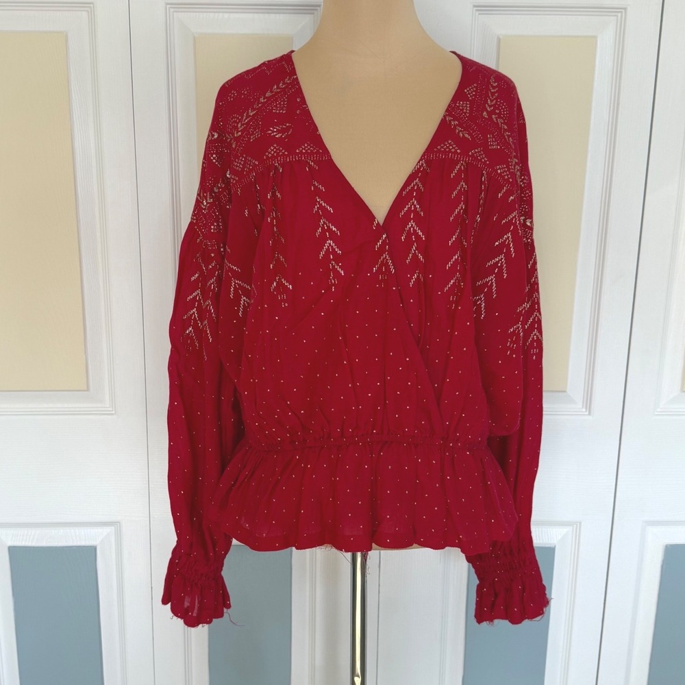 Free People Red Gold Metallic Embroidered Peplum Blouse‎ OB874637 Womens Small